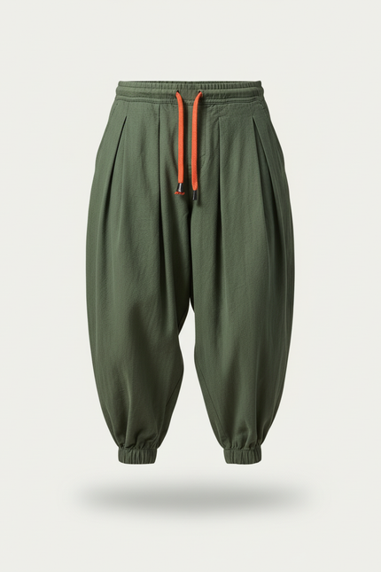 Pantalon Baggy Vert Coton Lin Ample Plissé Homme - vue 3