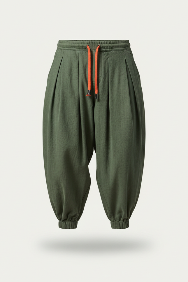 Pantalon Baggy Vert Coton Lin Ample Plissé Homme - vue 3