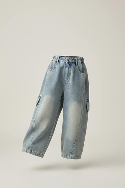Pantalon Baggy Jean Bleu Ample Cargo Enfant - vue 3
