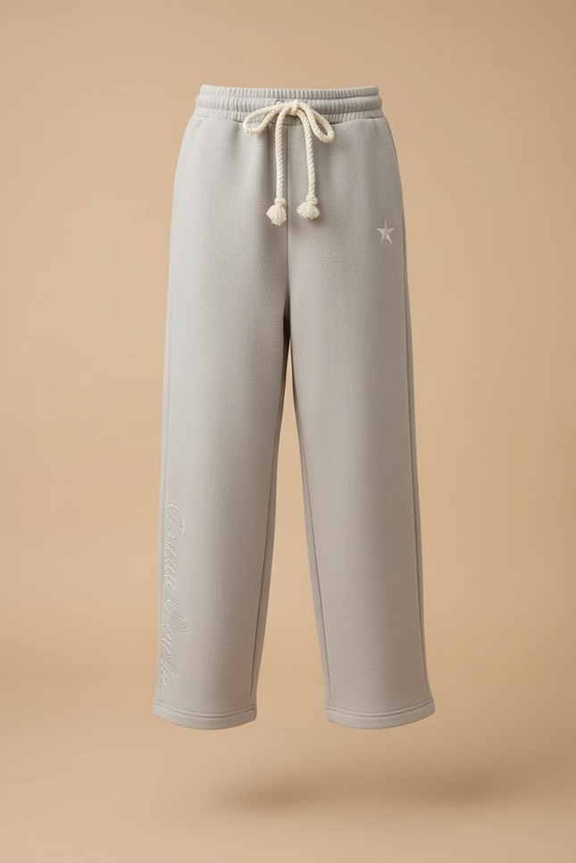 Pantalon Baggy Gris Clair Ample Cordon Étoile Brodé - Molleton - vue 3