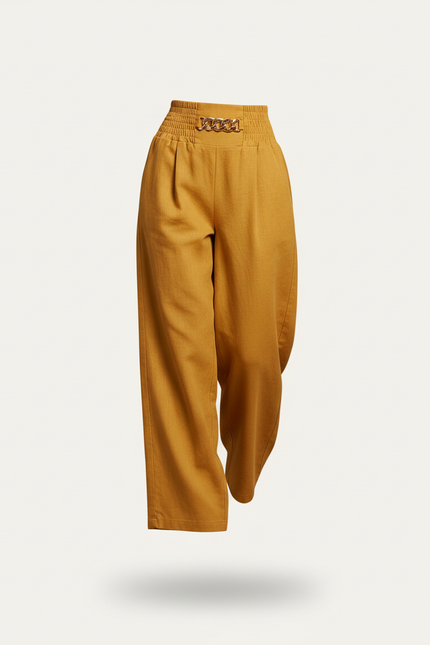 Pantalon Baggy Jaune Moutarde Lin Chaîne Élastique Fluide Élégant - vue 3