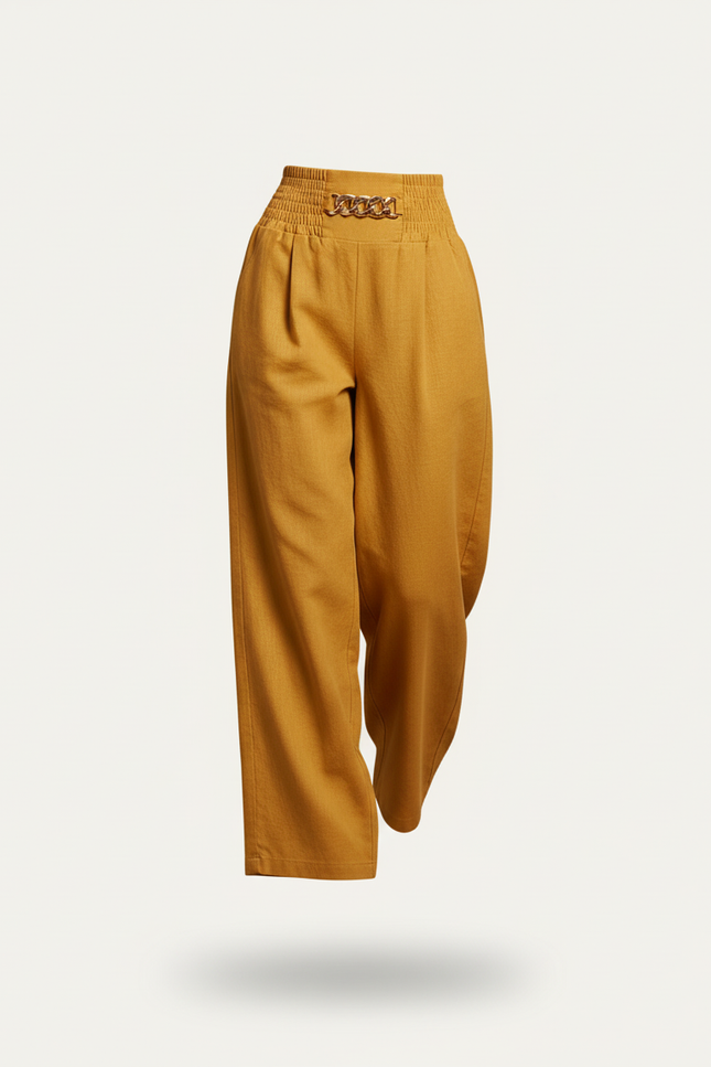 Pantalon Baggy Jaune Moutarde Lin Chaîne Élastique Fluide Élégant - vue 3
