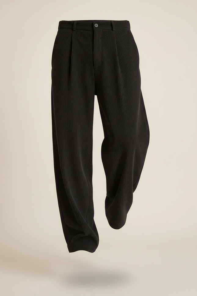 Pantalon Baggy Noir Côtelé Ample Décontracté Plissé - Cordé - vue 3