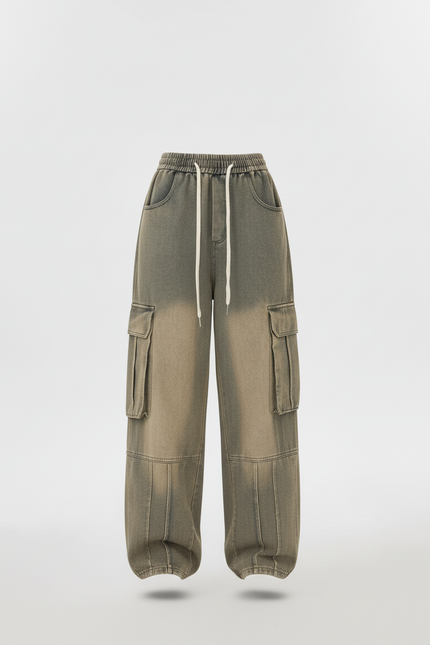 Pantalon Baggy Gris Délavé Ample Cargo Cordon Femme - Jean - vue 3