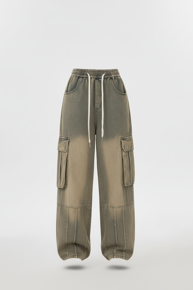 Pantalon Baggy Gris Délavé Ample Cargo Cordon Femme - Jean - vue 3