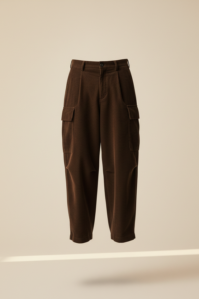 Pantalon Baggy Marron Côtelé Cargo Ample Homme - Cordé - vue 3