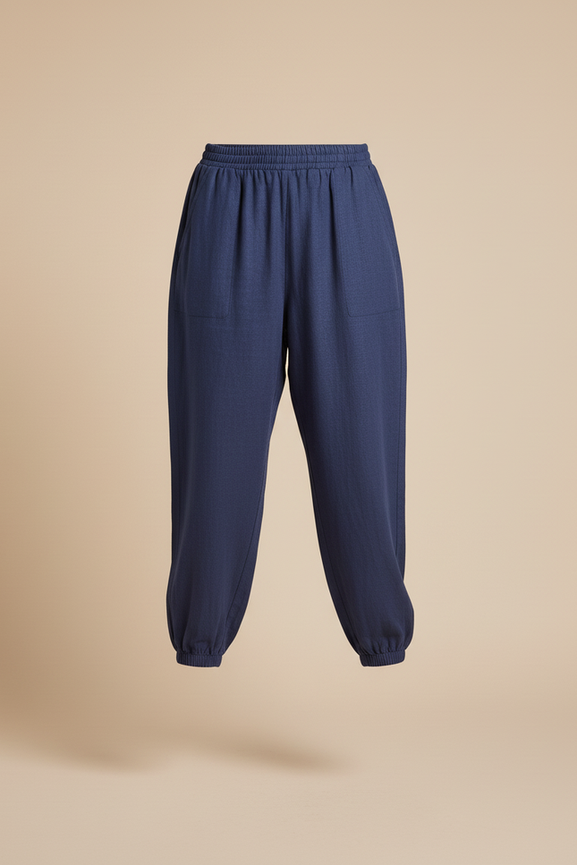 Pantalon Baggy Bleu Marine Lin Ample Confortable Femme - vue 3