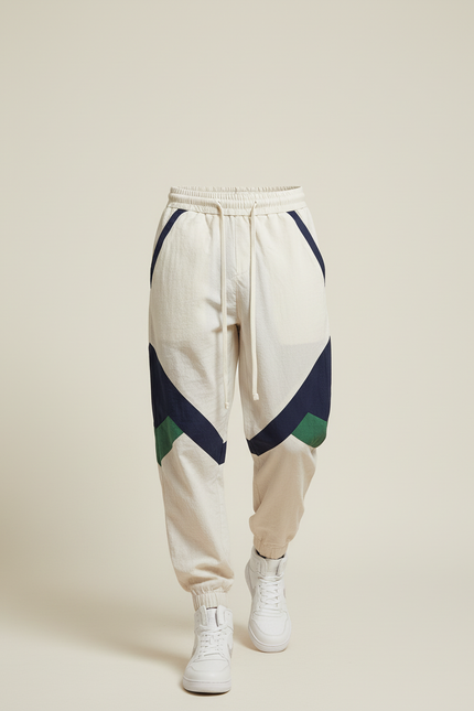 Pantalon Baggy Beige Patchwork Cordon Ample Sport - Lin - vue 3
