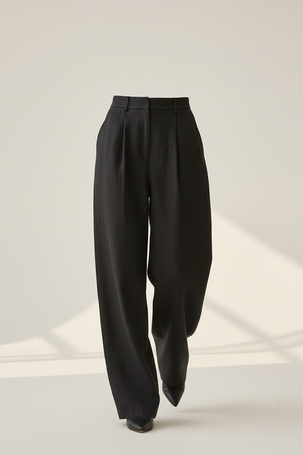 Pantalon Baggy Noir Lin Plissé Ample - vue 3