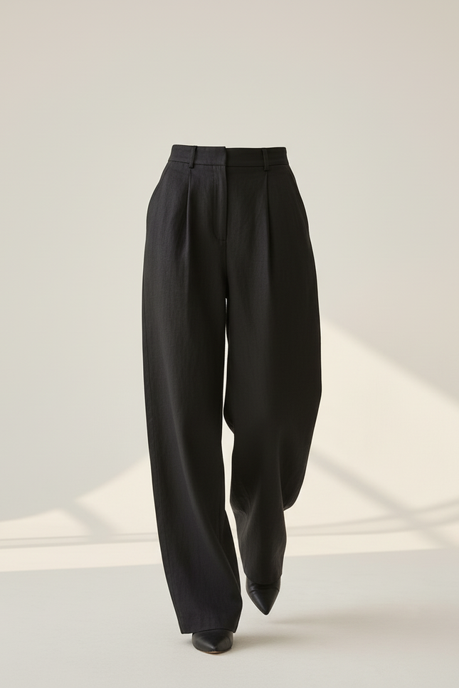 Pantalon Baggy Noir Lin Plissé Ample - vue 3