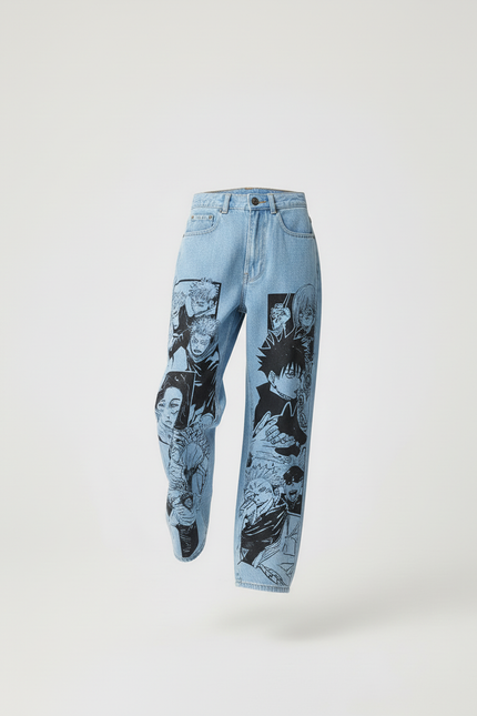 Pantalon Baggy Denim Clair Imprimé Manga Décontracté Unisexe - Jean - vue 3