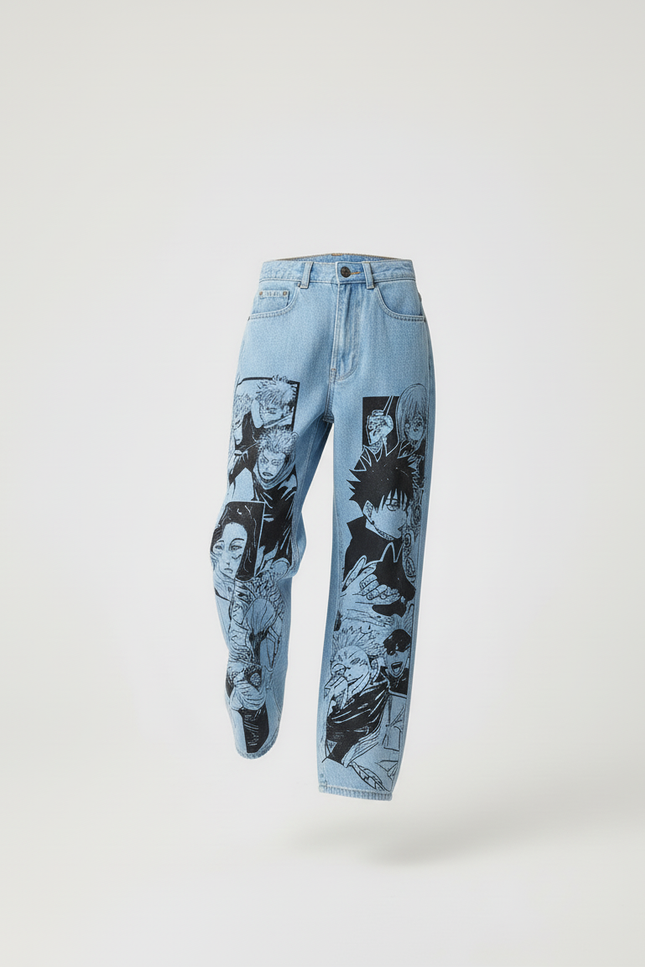 Pantalon Baggy Denim Clair Imprimé Manga Décontracté Unisexe - Jean - vue 3
