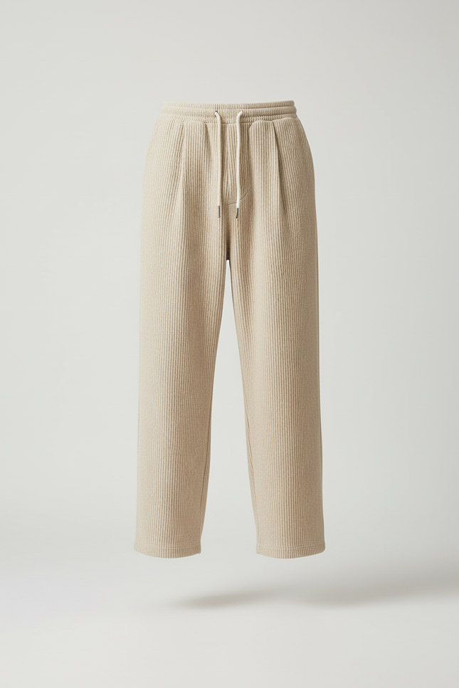 Pantalon Baggy Côtelé Beige Ample Cordon Décontracté - Cordé - vue 3