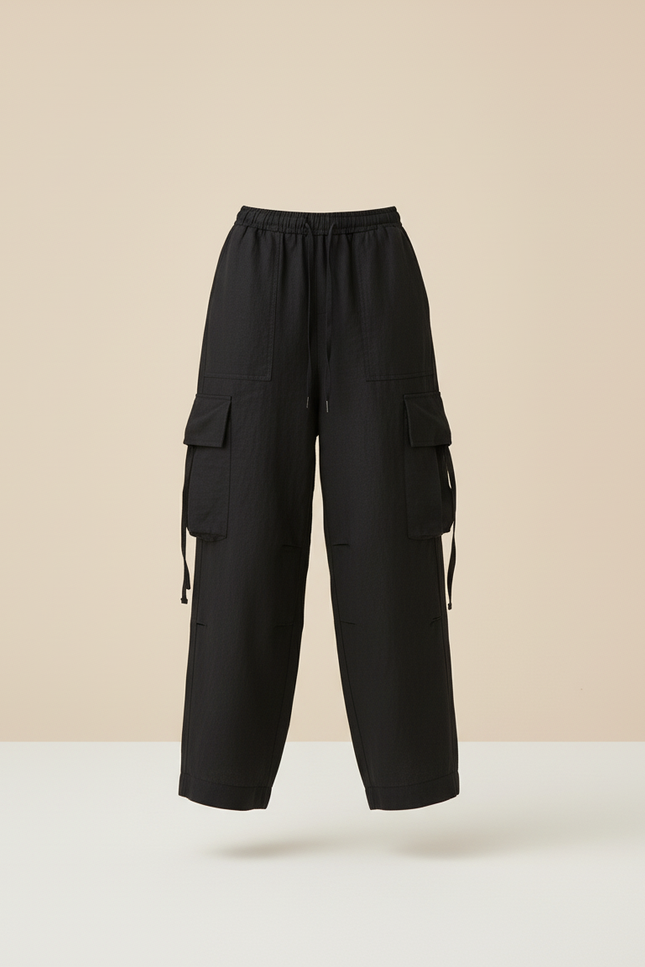 Pantalon Baggy Noir Ample Poches Cargo Cordon Femme - Lin - vue 3