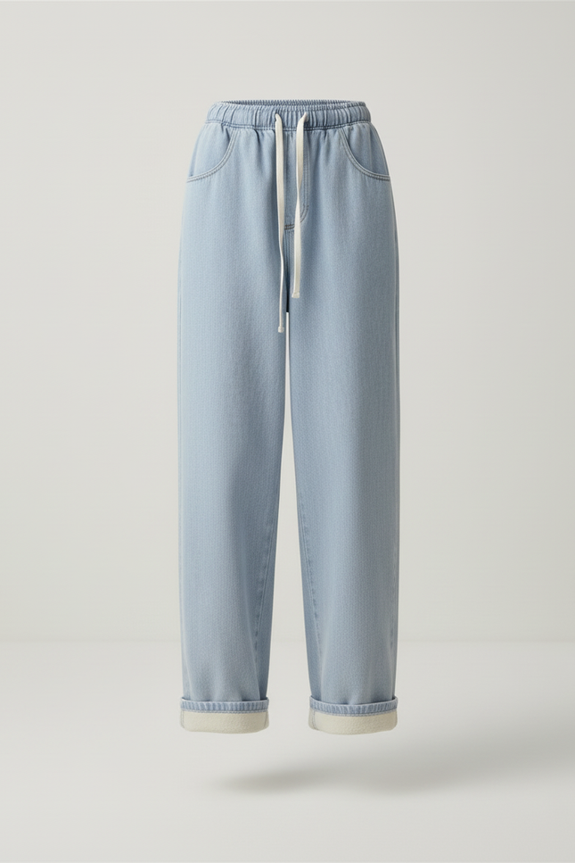 Pantalon Baggy Jean Bleu Clair Doublé Polaire Cordon - vue 3