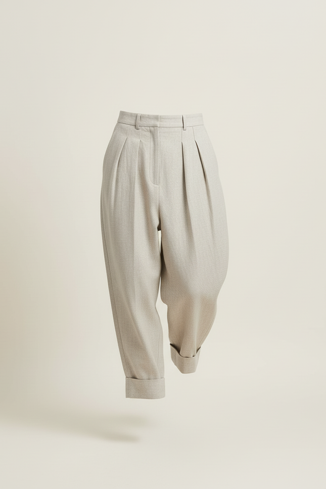 Pantalon Baggy Gris Plissé Taille Haute Élégant - Laine - vue 3