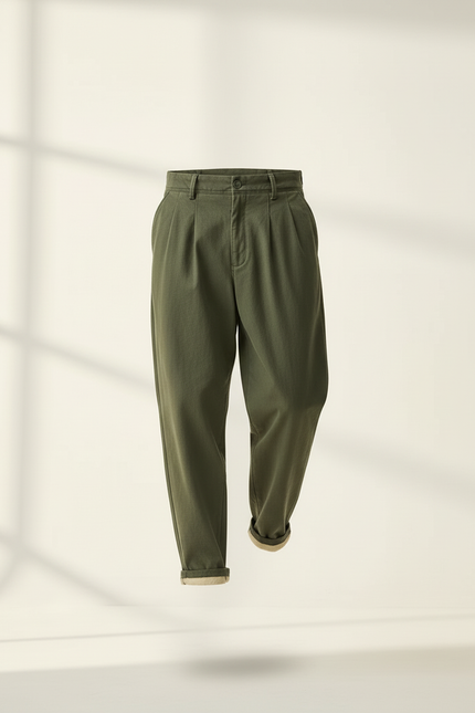 Pantalon Baggy Vert Olive Ample Coton Plissé Décontracté - Kaki - vue 3