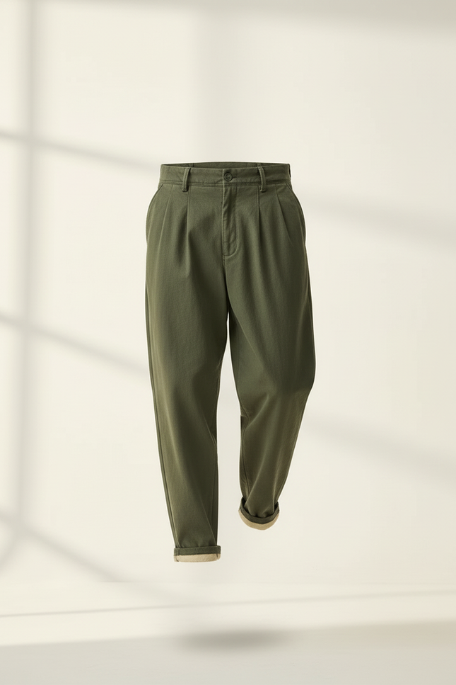 Pantalon Baggy Vert Olive Ample Coton Plissé Décontracté - Kaki - vue 3