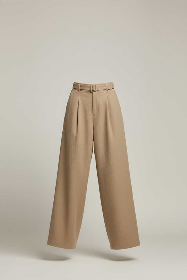 Pantalon Baggy Beige Ample Taille Haute Élégant - Laine - vue 3