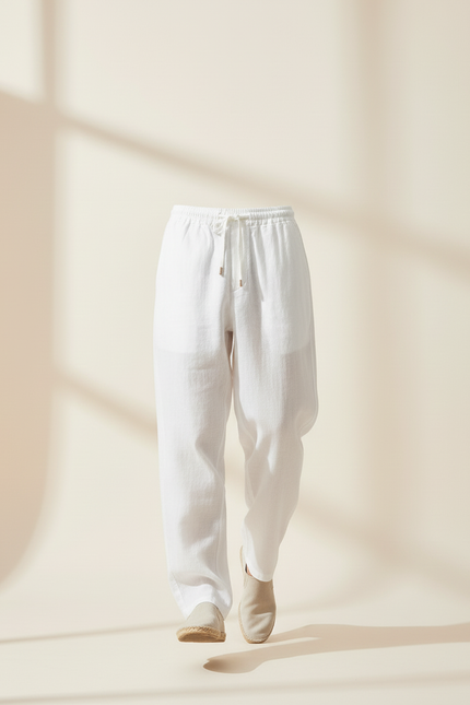 Pantalon Baggy Blanc Lin Ample Décontracté Cordon Homme - vue 3