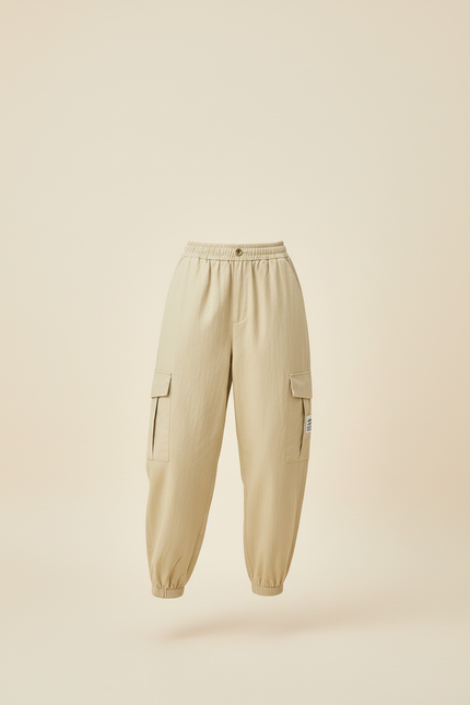 Pantalon Baggy Cargo Ample Beige Taille Haute - Toile - vue 3