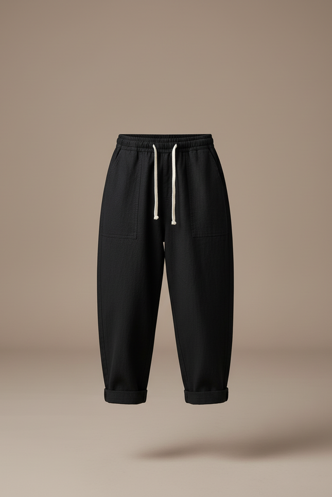 Pantalon Baggy Noir Ample Cordon Décontracté Coton - Lin - vue 3