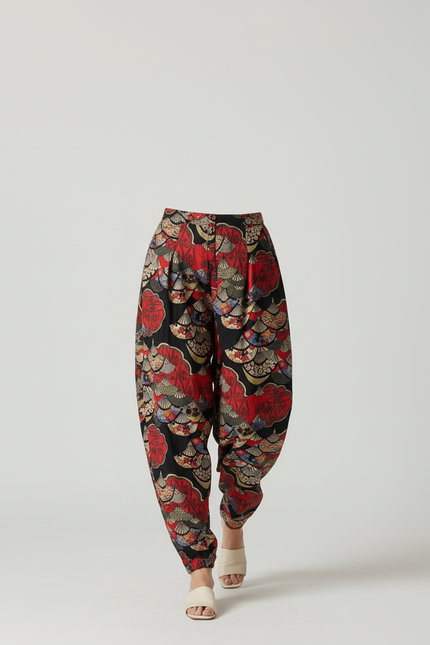 Pantalon Baggy Fluide Imprimé Ethnique Rouge Noir Femme - Viscose - vue 3