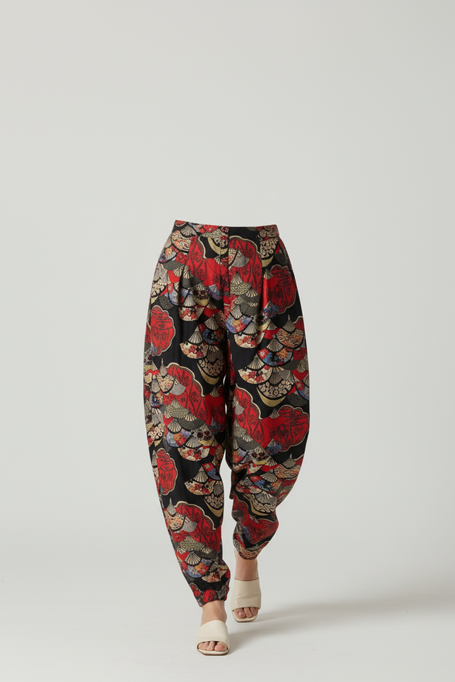 Pantalon Baggy Fluide Imprimé Ethnique Rouge Noir Femme - Viscose - vue 3