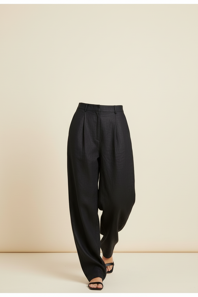 Pantalon Baggy Noir Lin Ample Fluide Élégant Femme - vue 3