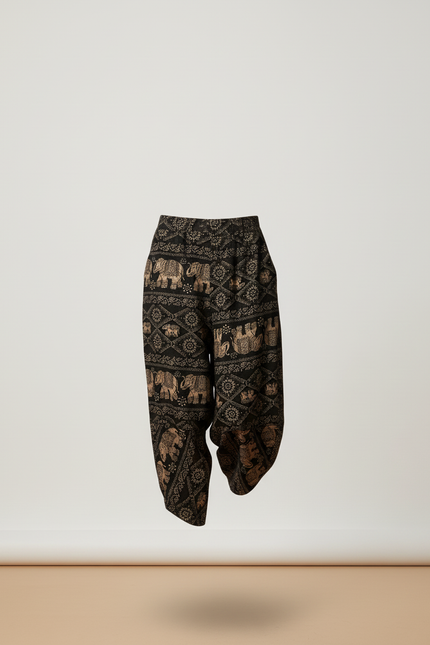 Pantalon Baggy Éléphants Imprimé Ethnique Ample Noir Fluide - Viscose - vue 3