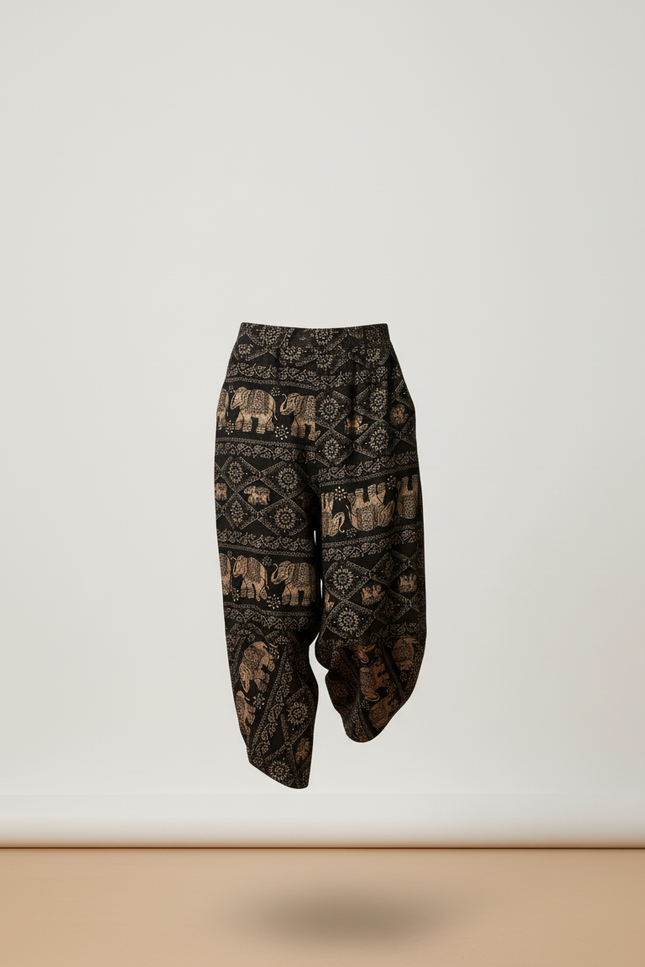 Pantalon Baggy Éléphants Imprimé Ethnique Ample Noir Fluide - Viscose - vue 3