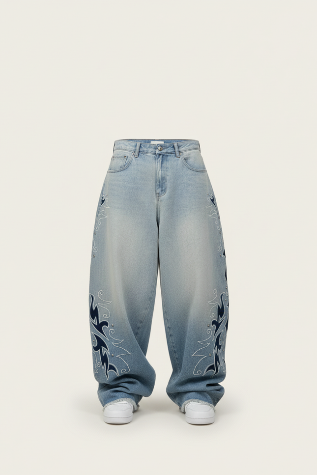 Pantalon Baggy Jean Bleu Clair Brodé Ample Homme - vue 3