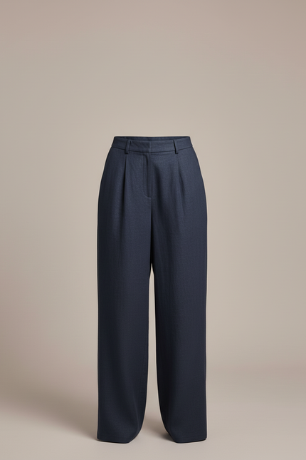 Pantalon Baggy Bleu Marine Lin Ample Taille Haute - vue 3