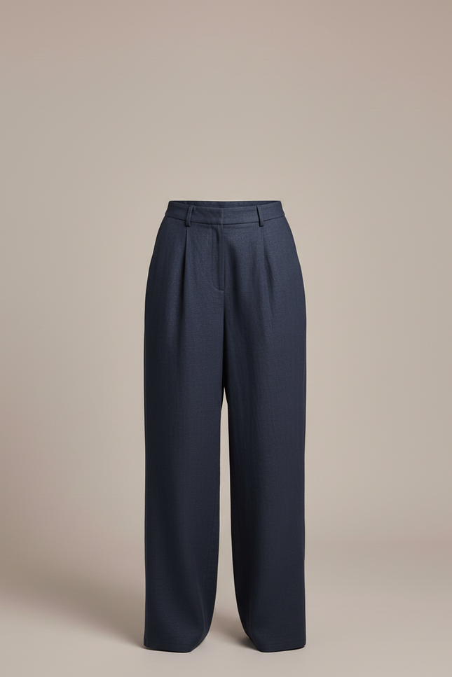 Pantalon Baggy Bleu Marine Lin Ample Taille Haute - vue 3