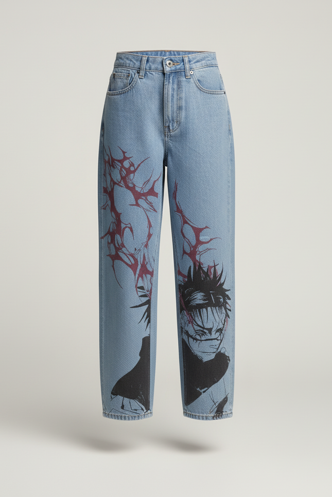 Pantalon Baggy Denim Clair Imprimé Anime Harajuku - Bleu Jean - vue 3