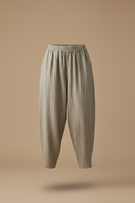 Pantalon Baggy Lin Plissé Gris Ample Décontracté Femme - vue 3
