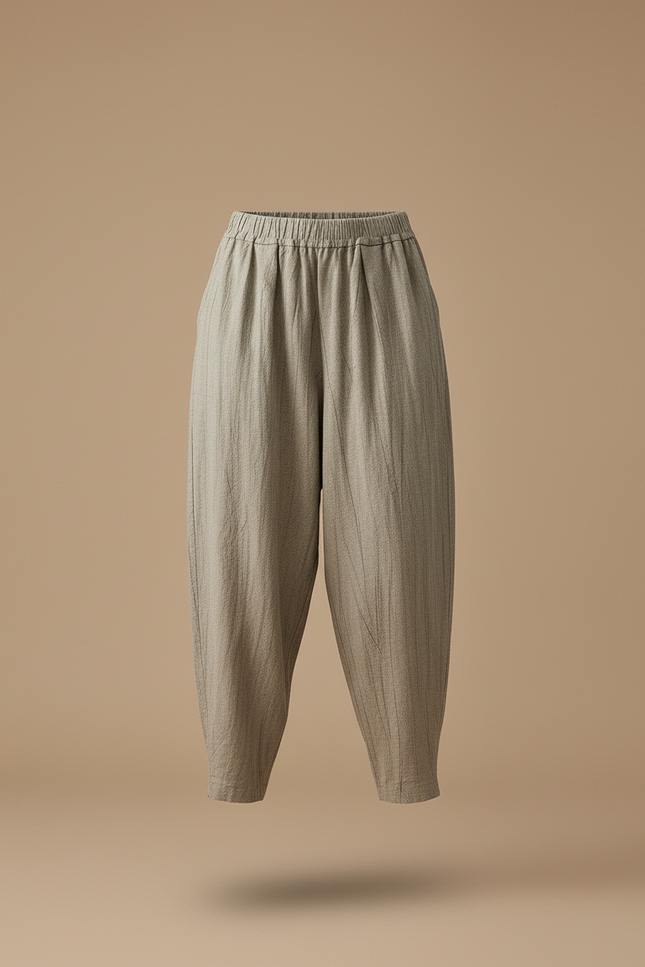 Pantalon Baggy Lin Plissé Gris Ample Décontracté Femme - vue 3