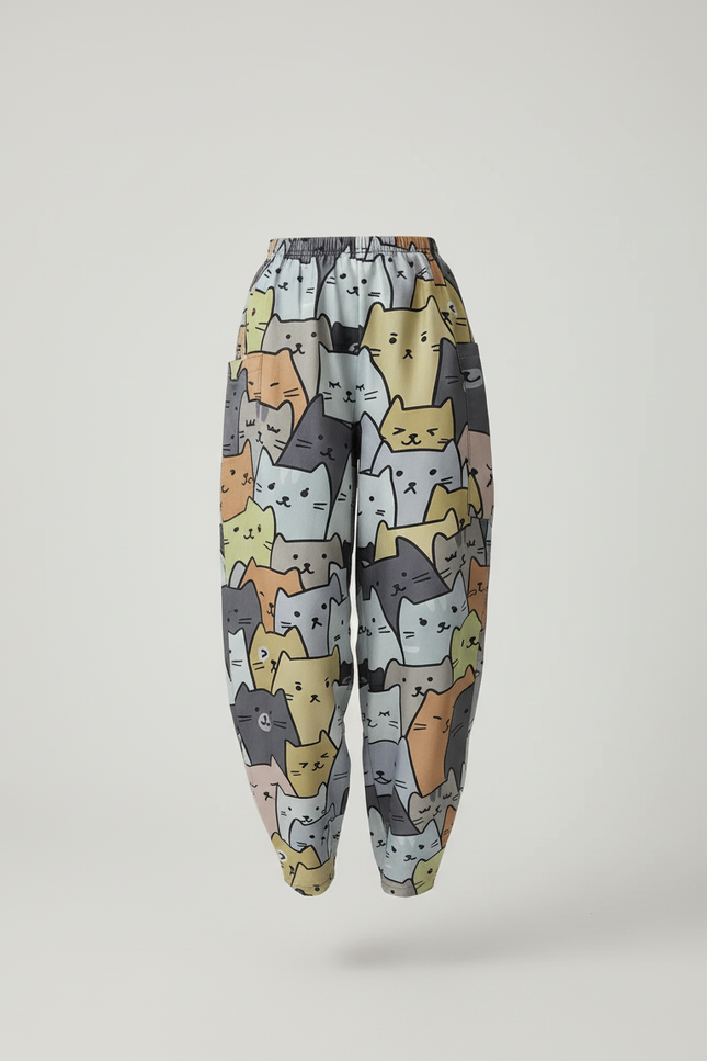 Pantalon Baggy Chat Imprimé Ample Décontracté Femme Fluide - Viscose - vue 3