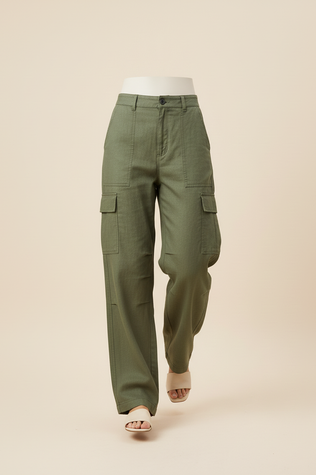 Pantalon Baggy Vert Kaki Cargo Ample Décontracté Fluide - Lin - vue 3