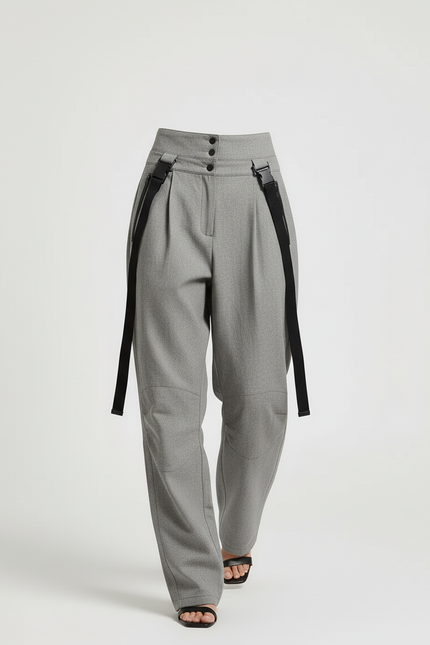 Pantalon Baggy Gris Plissé Ample Bretelles Décontracté - Gabardine - vue 3