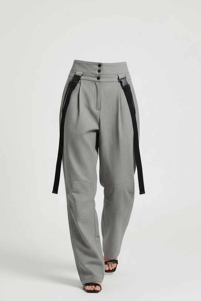 Pantalon Baggy Gris Plissé Ample Bretelles Décontracté - Gabardine - vue 3