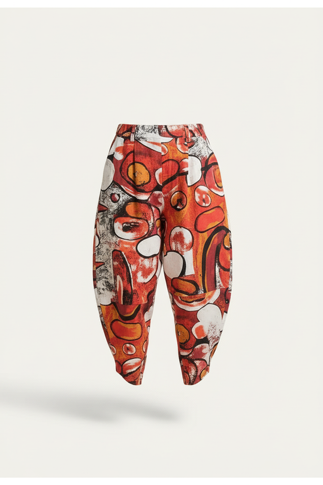 Pantalon Baggy Abstrait Rouge Ample Fluide Femme - Multicolore Lin - vue 3