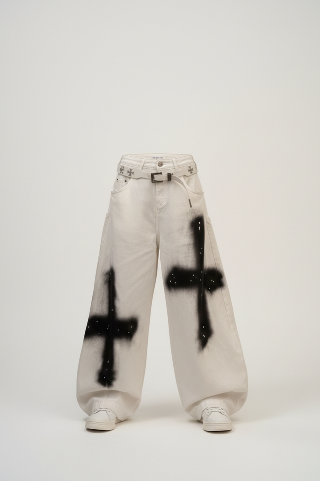 Pantalon Baggy Blanc Jean Croix Gothique Ample Enfant - vue 3