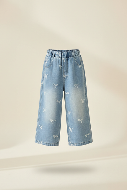Pantalon Baggy Denim Bleu Nœuds Imprimés Fille Ample - Jean - vue 3