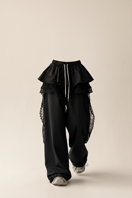 Pantalon Baggy Noir Ample Dentelle Streetwear Femme - Polyester - vue 3