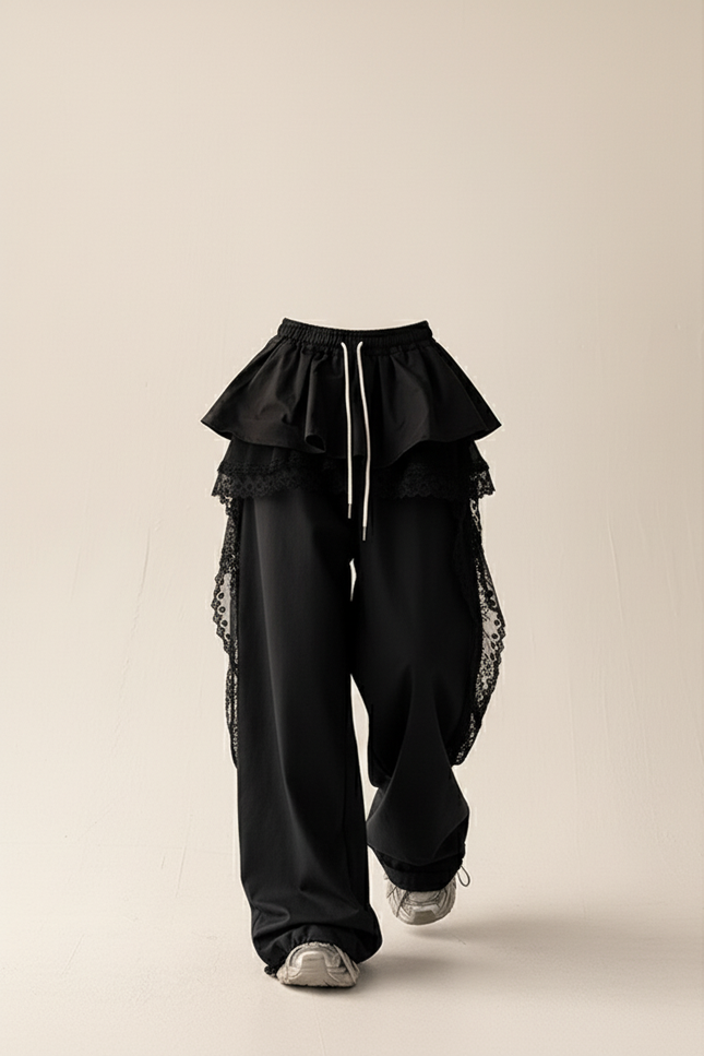 Pantalon Baggy Noir Ample Dentelle Streetwear Femme - Polyester - vue 3