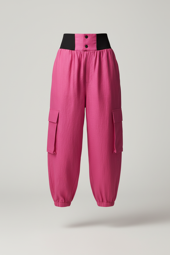 Pantalon Baggy Fuchsia Cargo Lin Taille Haute - Rose - vue 3