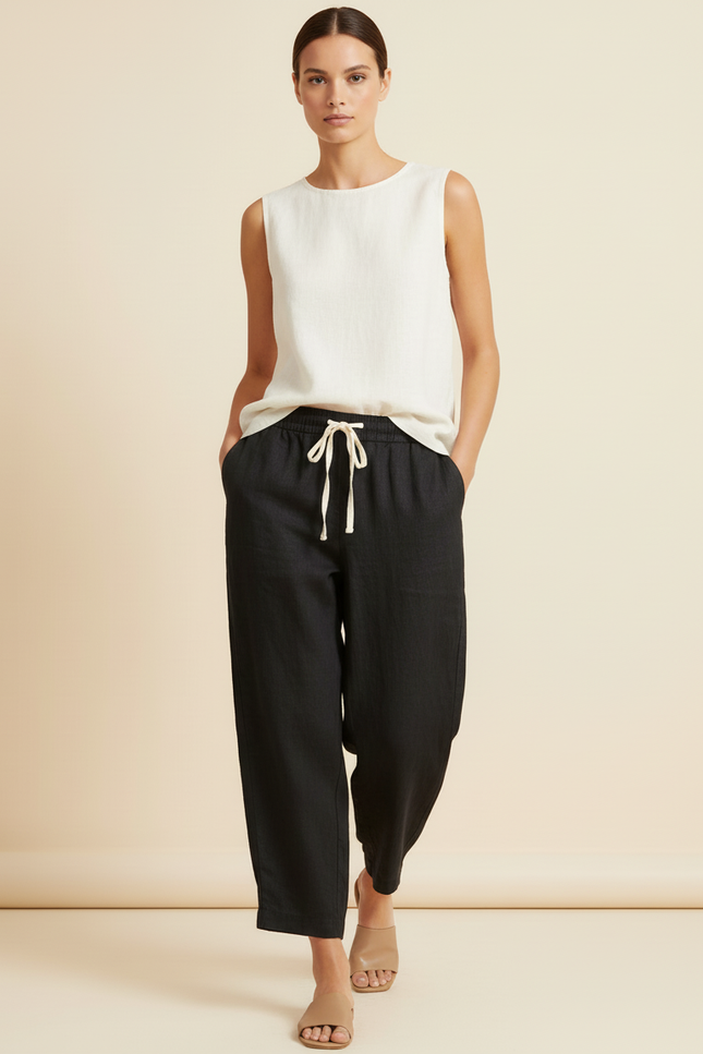 Pantalon Baggy Noir Lin Ample Cordon Fluide - vue 3