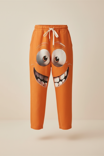 Pantalon Baggy Orange Imprimé Visage Ample Enfant Cordon - Lin - vue 3