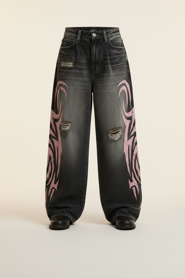 Pantalon Baggy Noir Délavé Imprimé Rose Tribal - Jean - vue 3